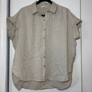 Mystree Women’s Button-Up Short Sleeve Shirt Beige Cotton Linen Size S